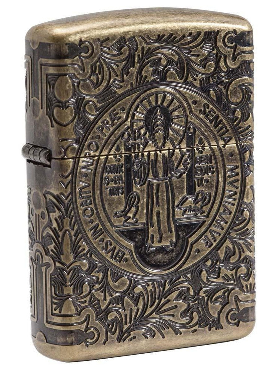 Zippo Lighter: Armor Multicut St. Benedict Medal - Antique Brass 