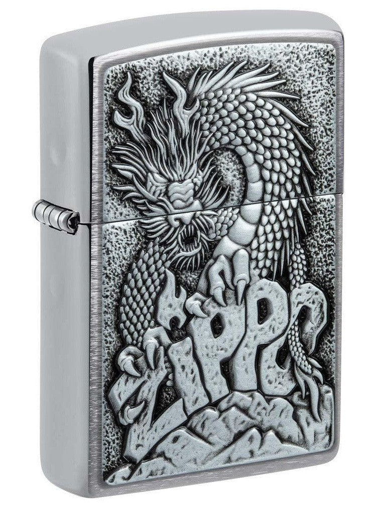 Zippo Lighter: Dragon Emblem - Brushed Chrome 48902 – Lucas Lighters