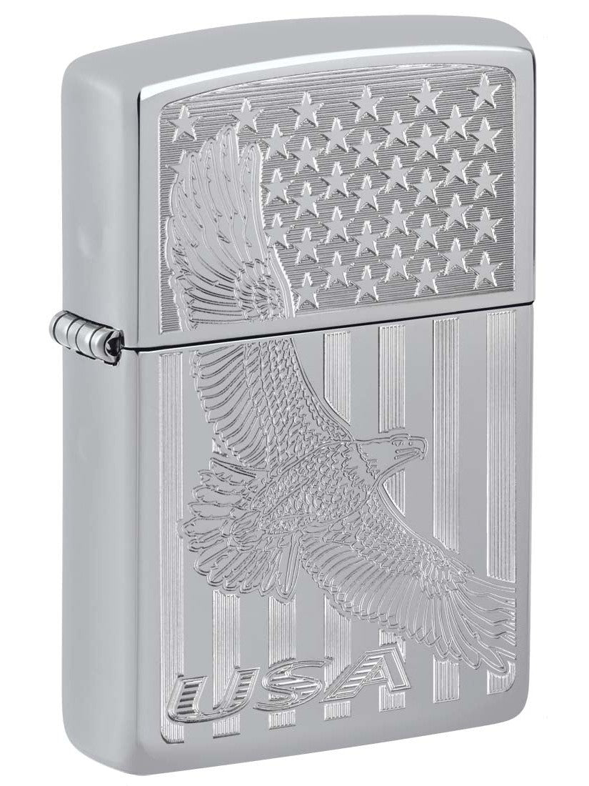 Zippo Lighter: USA Flying Eagle and Flag, Engraved - High Polish