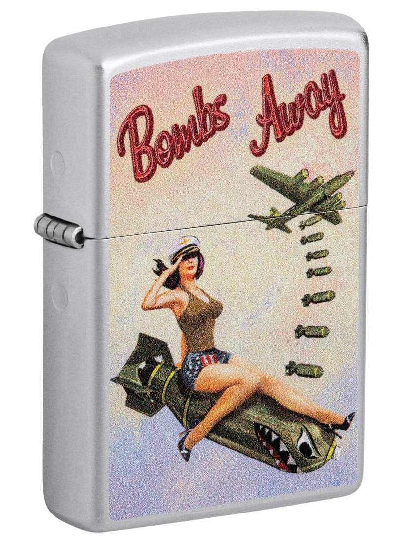 Zippo Lighter: Bombs Away, Pin-up Girl - Satin Chrome 81418