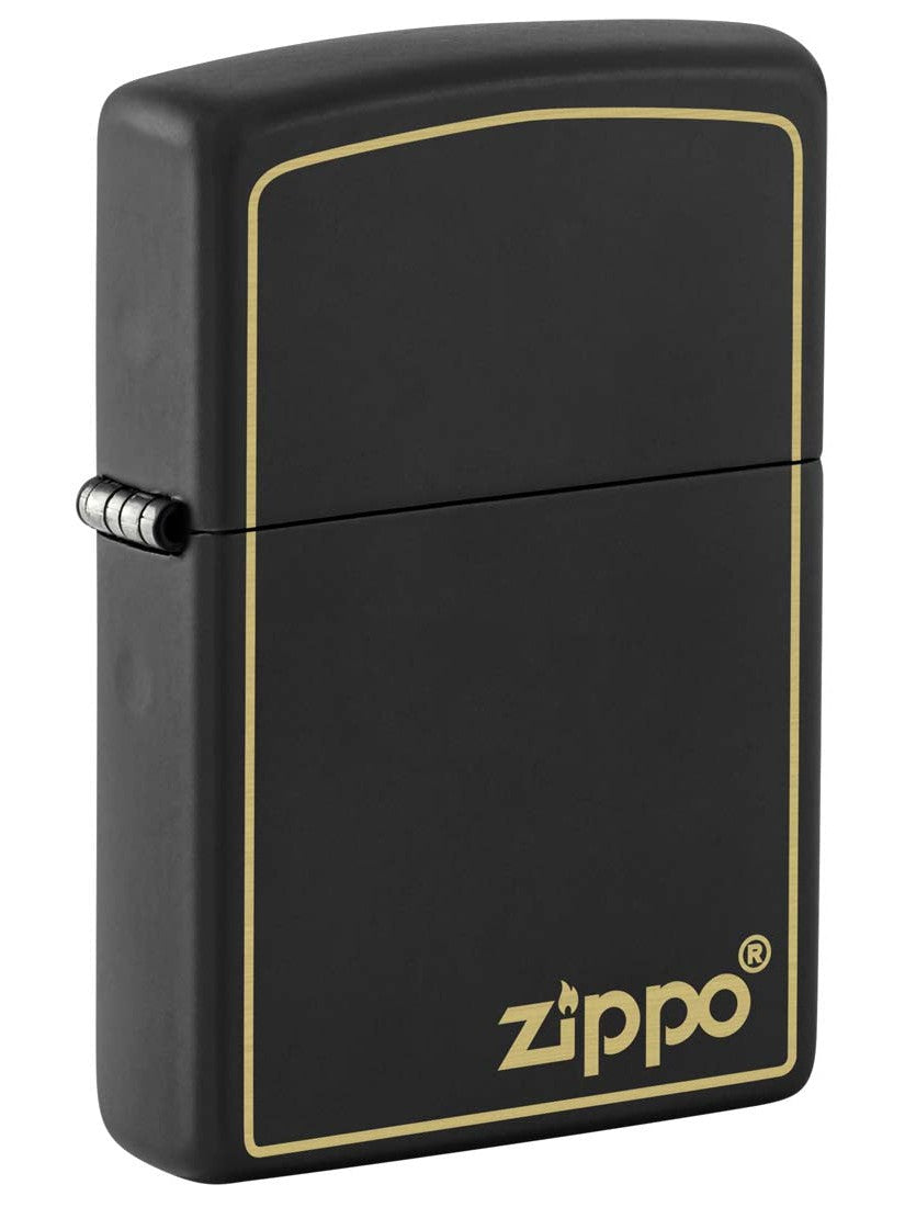 Zippo Lighter Engraved Zippo Logo With Border Black Matte 81427 Lucas Lighters