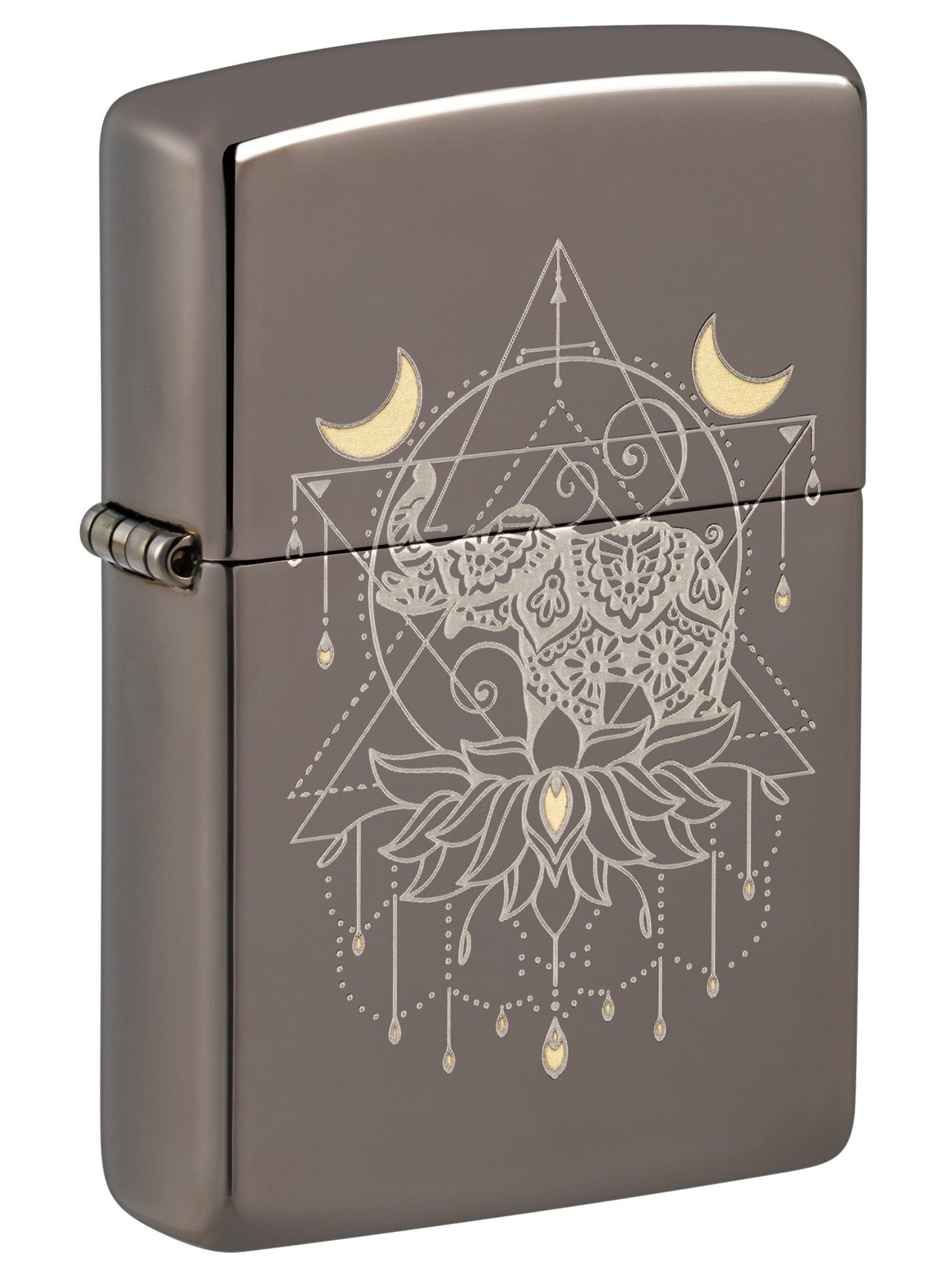 Zippo Lighter: Engraved Elephant and Lotus Flower - Black Ice 46103