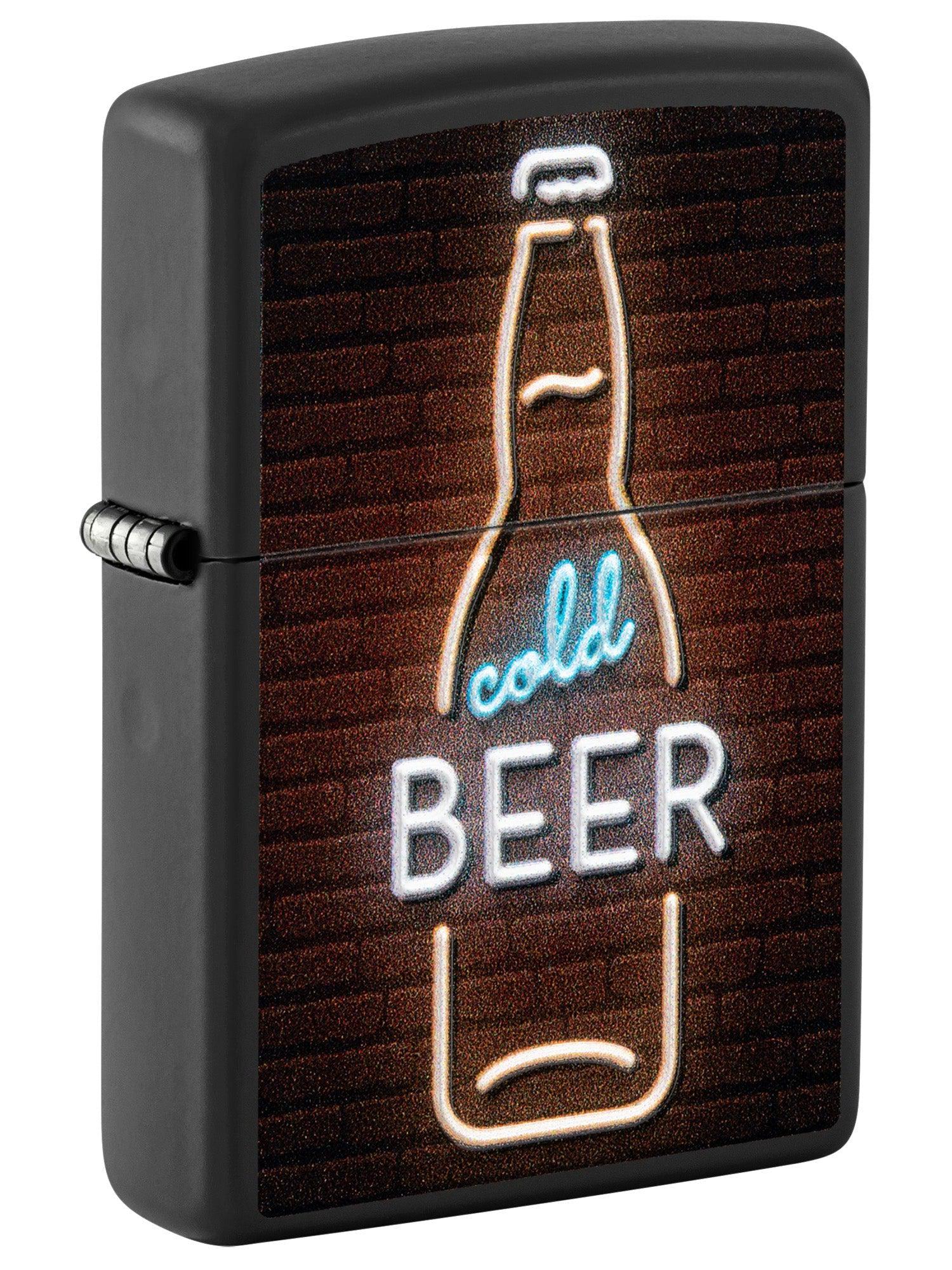 Zippo Lighter: Cold Beer Neon Sign, Raised Print - Black Matte 46112