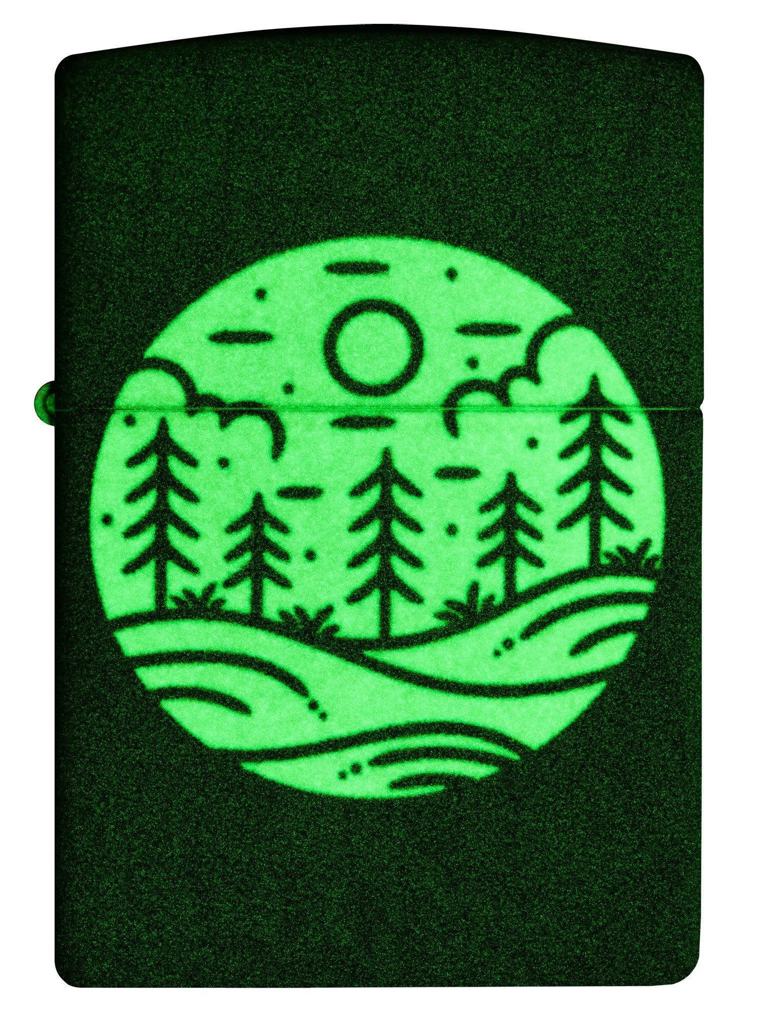 Zippo Lighter: Moonlit Field Design - Glow-in-the-Dark Green 46287