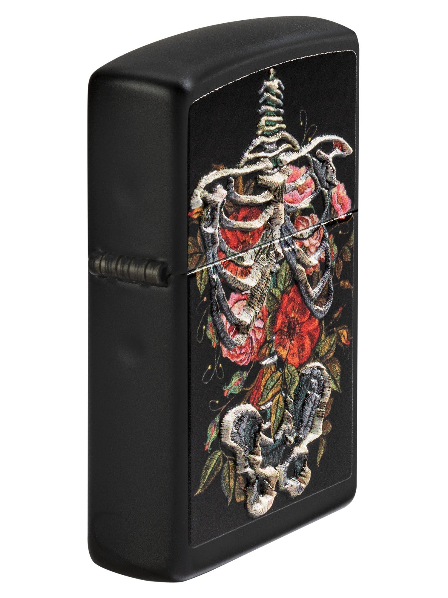 Zippo Lighter: Floral Skeleton, Raised Print - Black Matte 48877