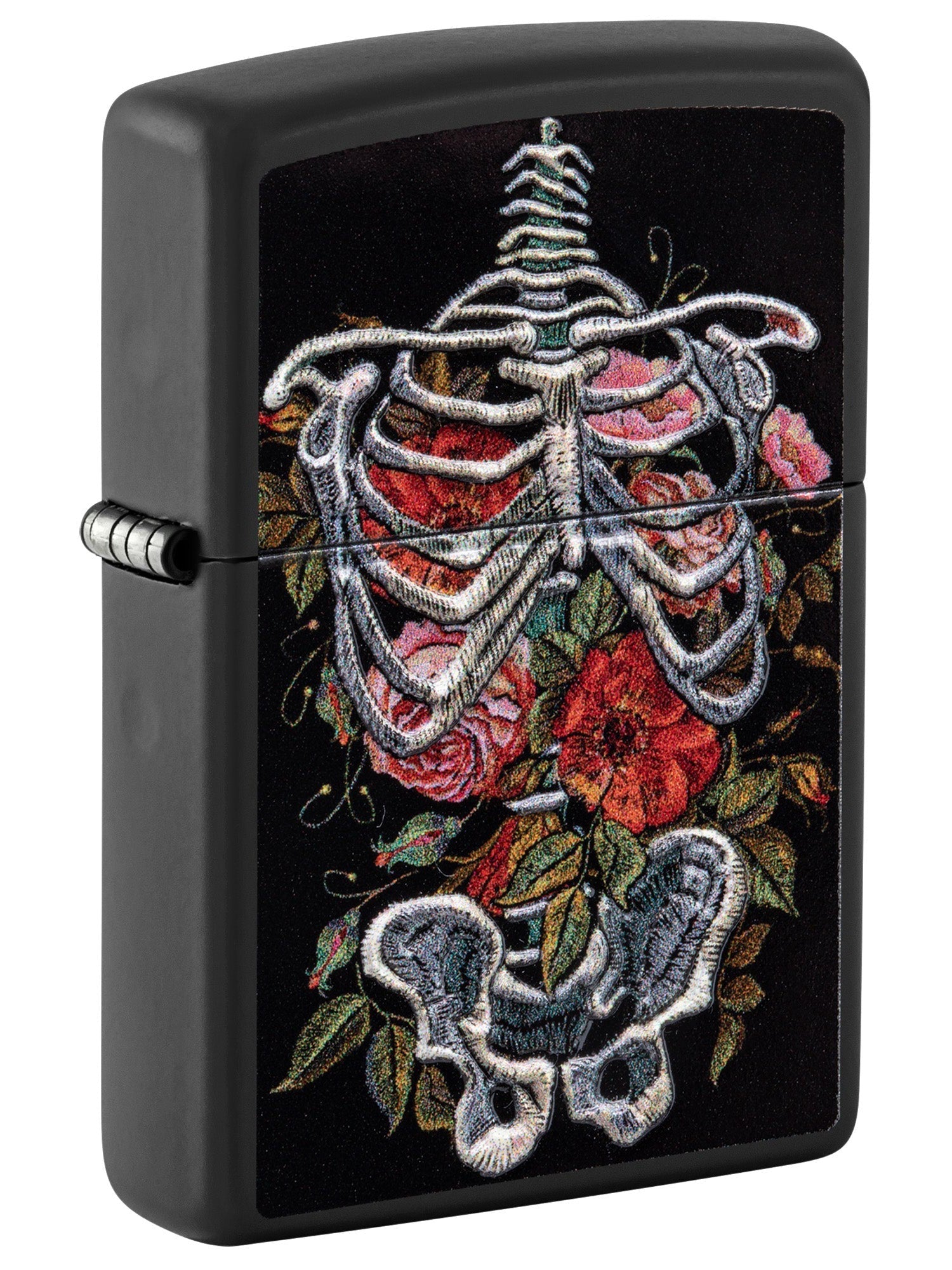 Zippo Lighter: Floral Skeleton, Raised Print - Black Matte 48877