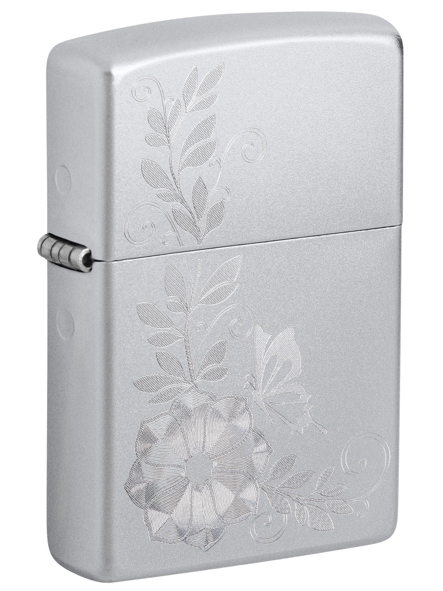 Zippo Lighter: Engraved Flower and Butterfly - Satin Chrome 81631