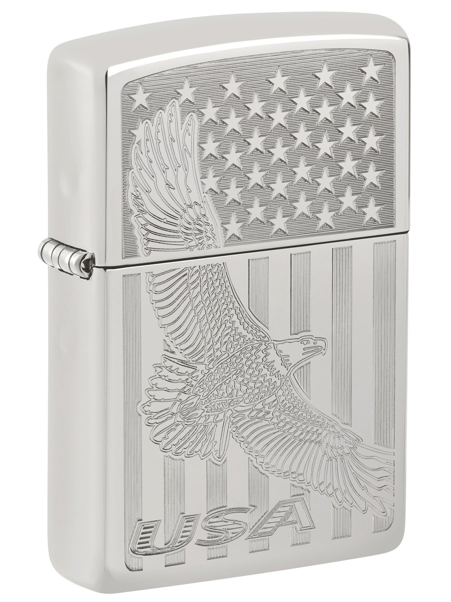 Zippo Sterling Silver Lighter: Engraved Eagle and American Flag - High Polish 81665