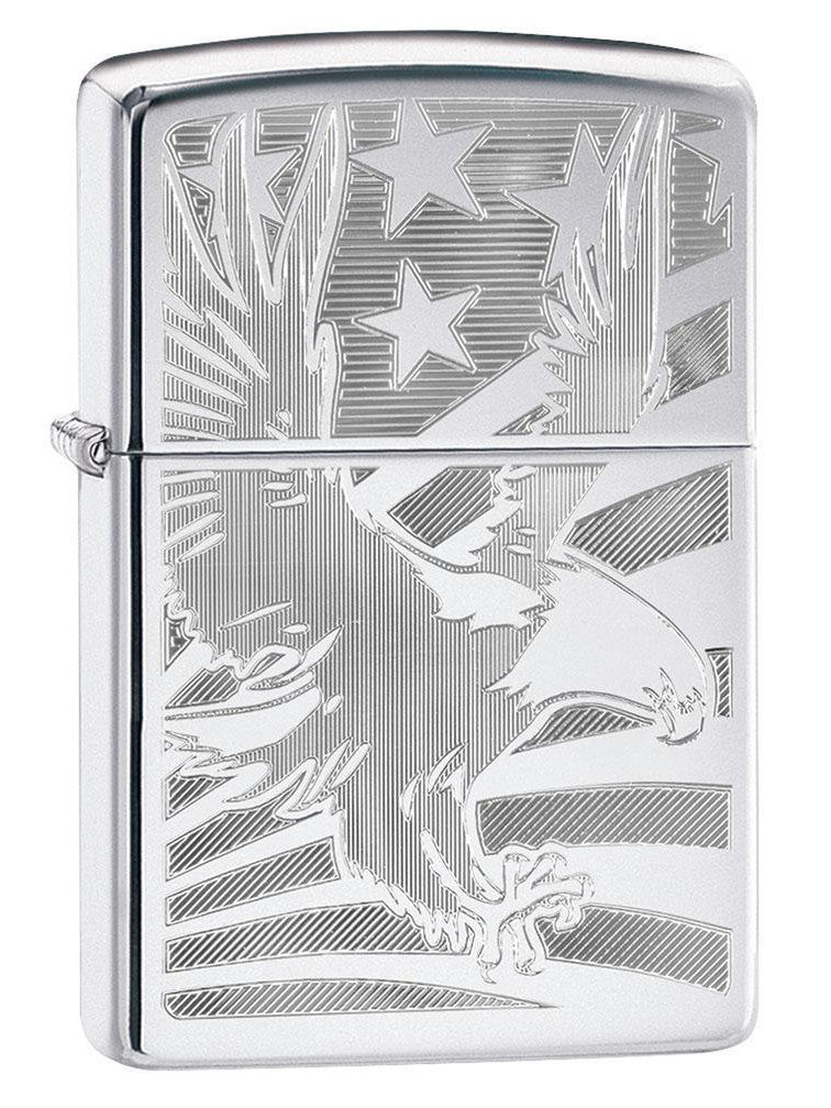 Zippo Lighter: Eagle and American Flag, Engraved - High Polish Chrome ...